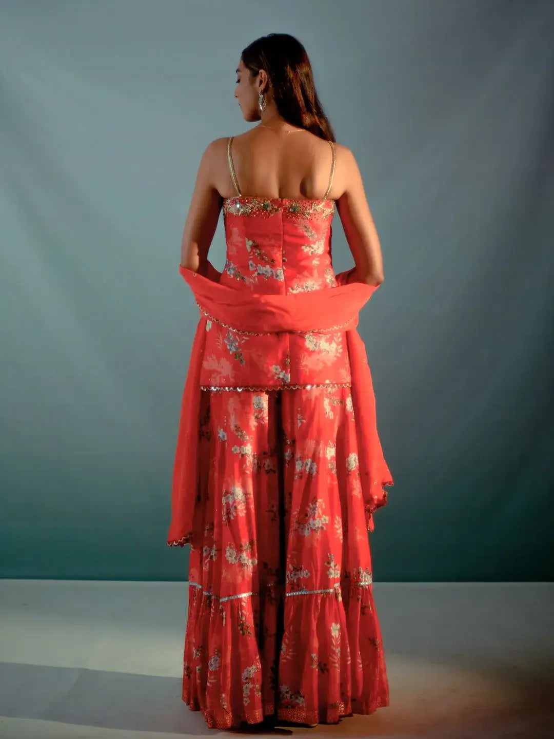 Scarlet floral tiered sharara/kurta set