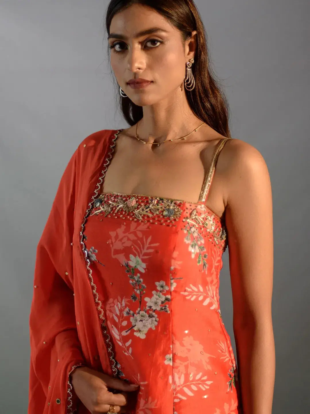 Scarlet floral tiered sharara/kurta set
