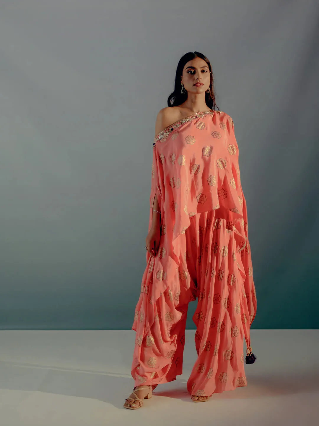 Coral & gold foil print dhoti set