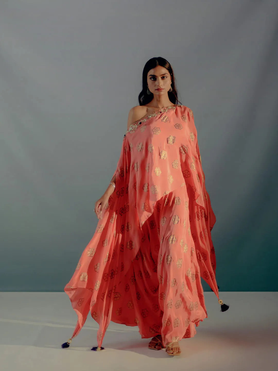 Coral & gold foil print dhoti set