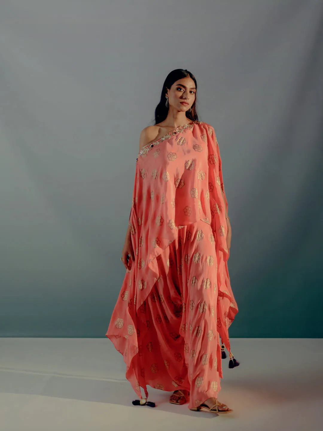 Coral & gold foil print dhoti set