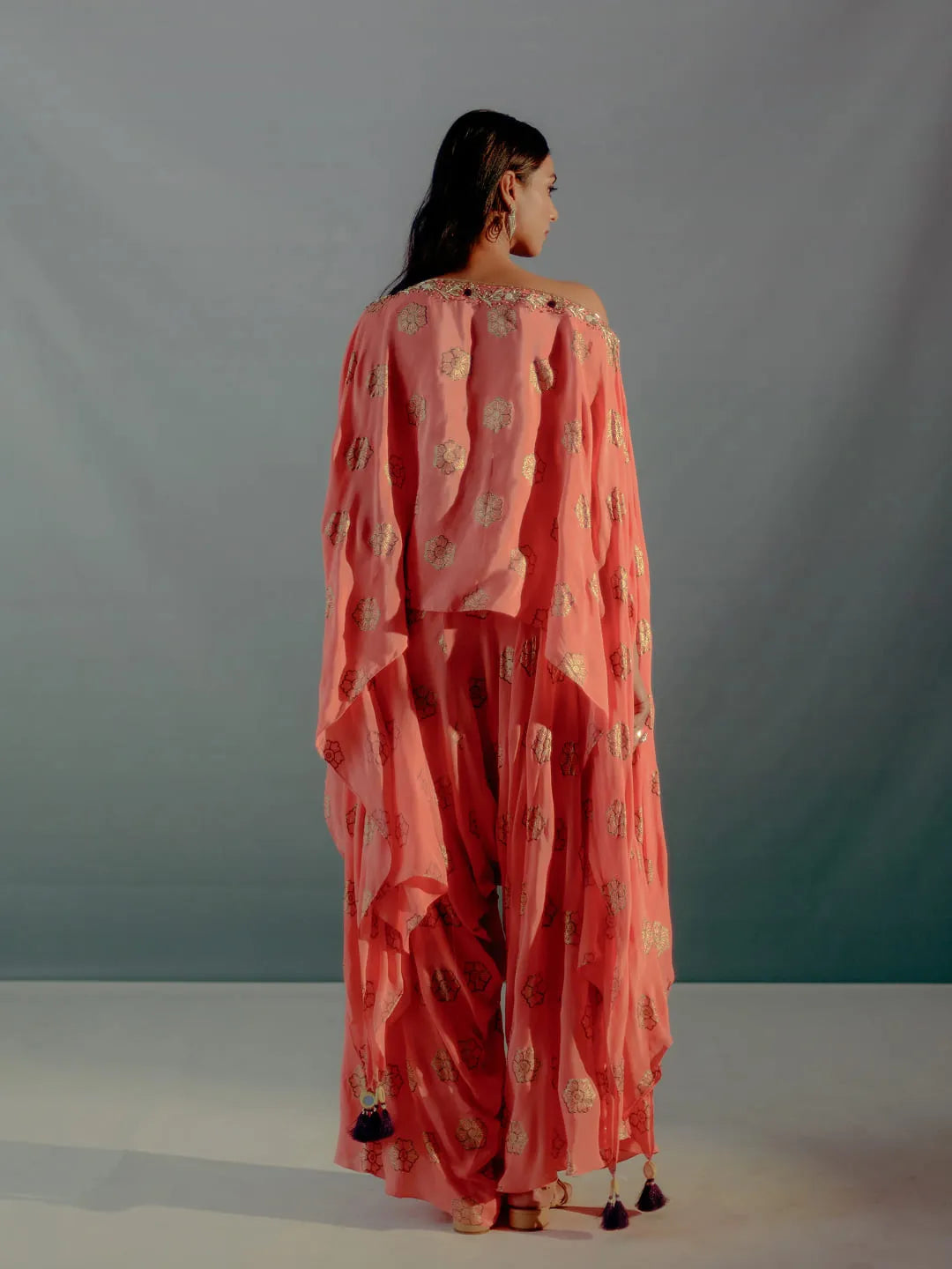 Coral & gold foil print dhoti set