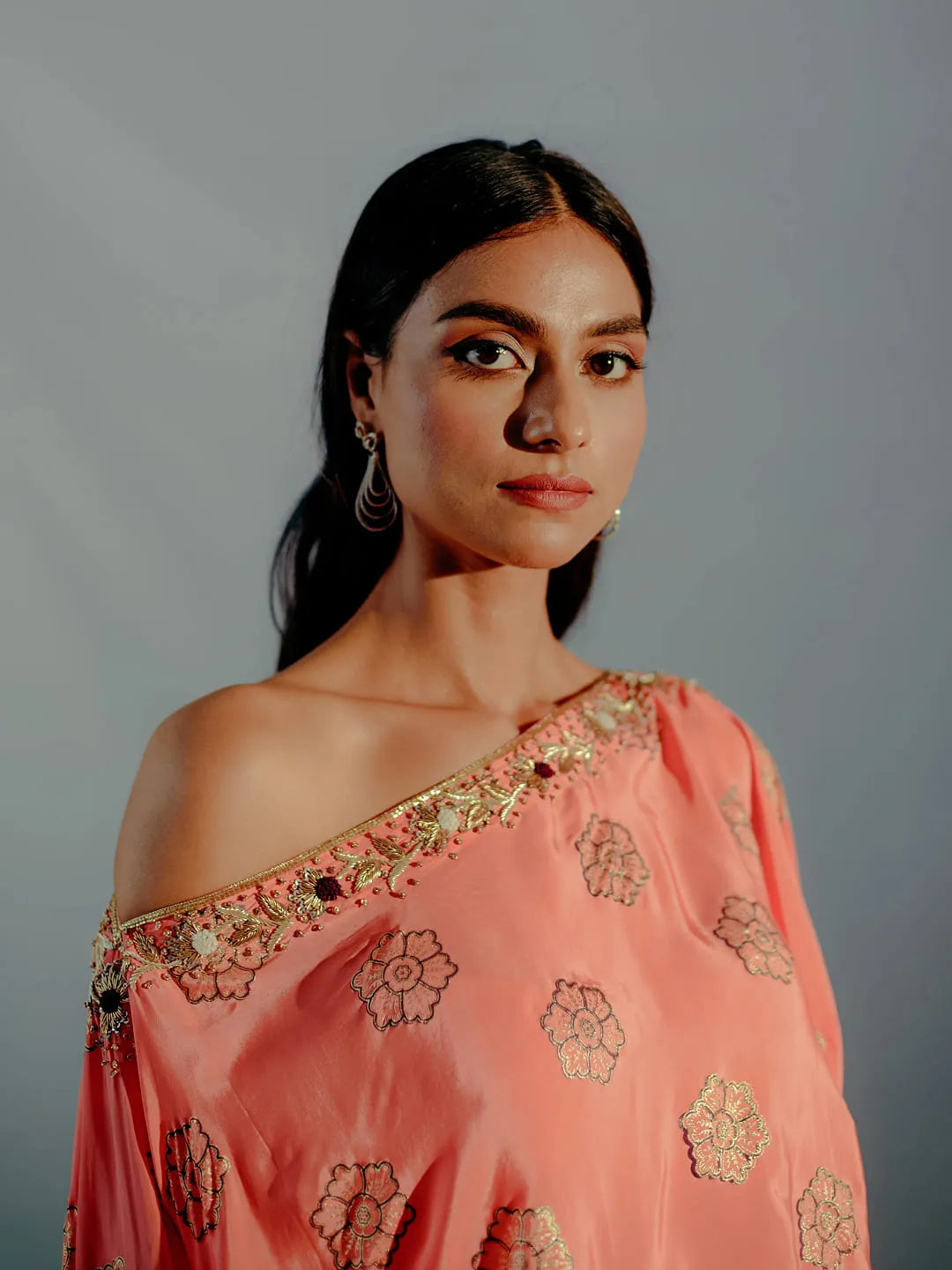 Coral & gold foil print dhoti set