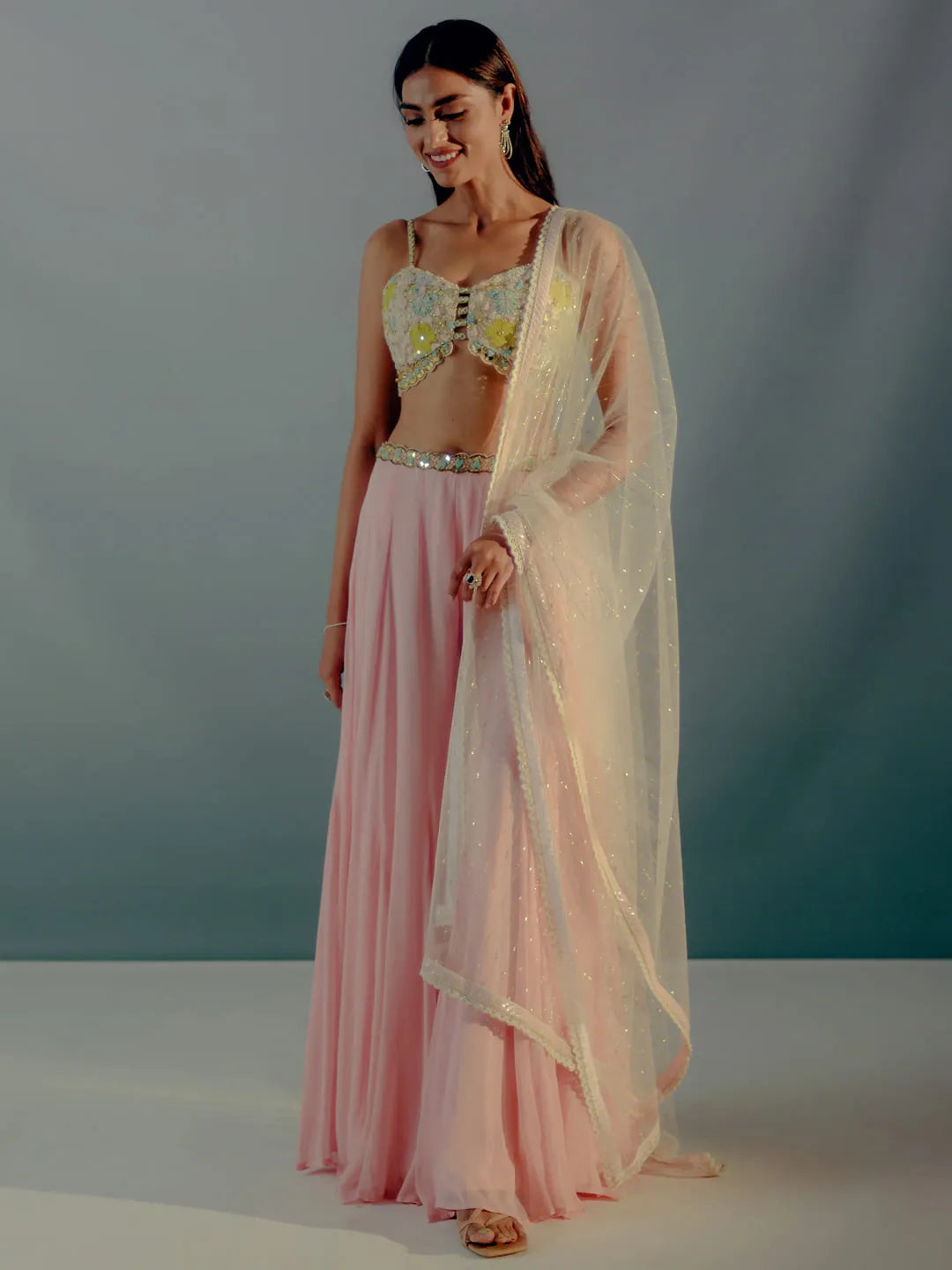 Flamingo pink pallazos & embroidered cutwork blouse set
