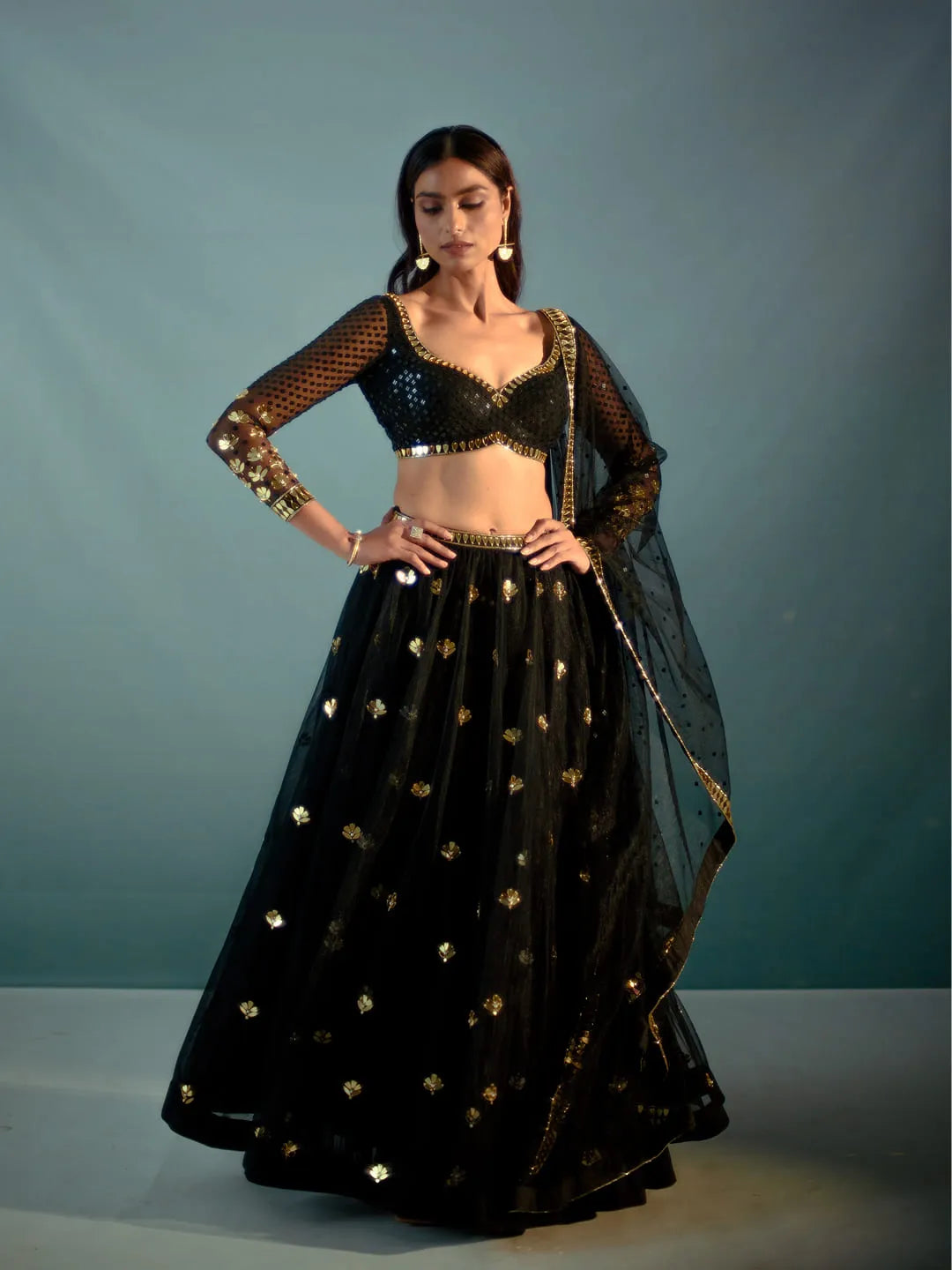 Black acrylic embroidered lehenga set