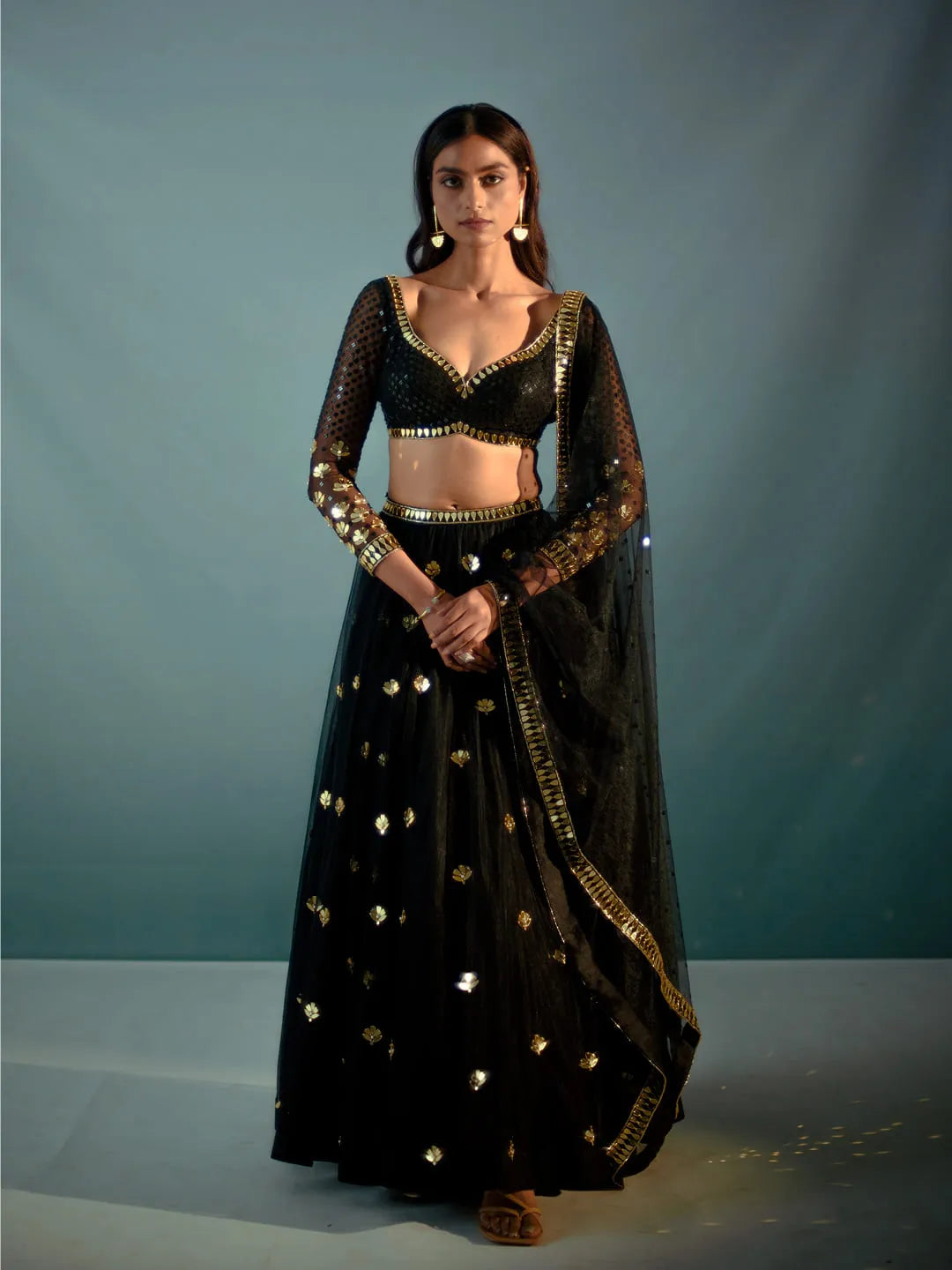 Black acrylic embroidered lehenga set