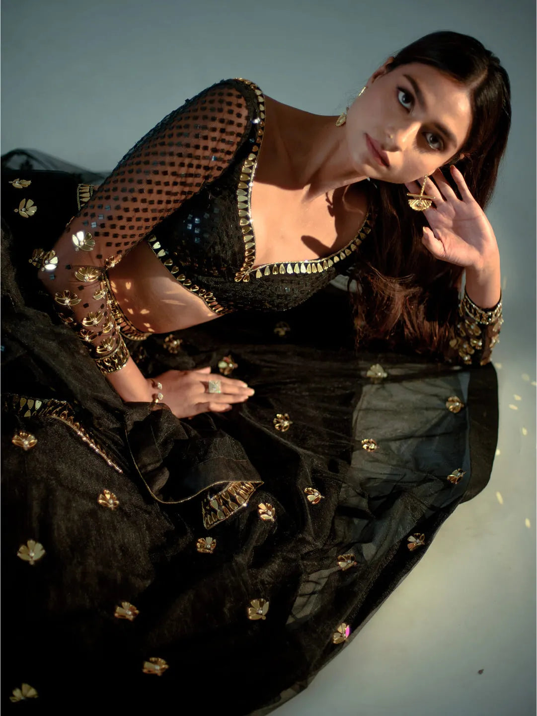 Black acrylic embroidered lehenga set