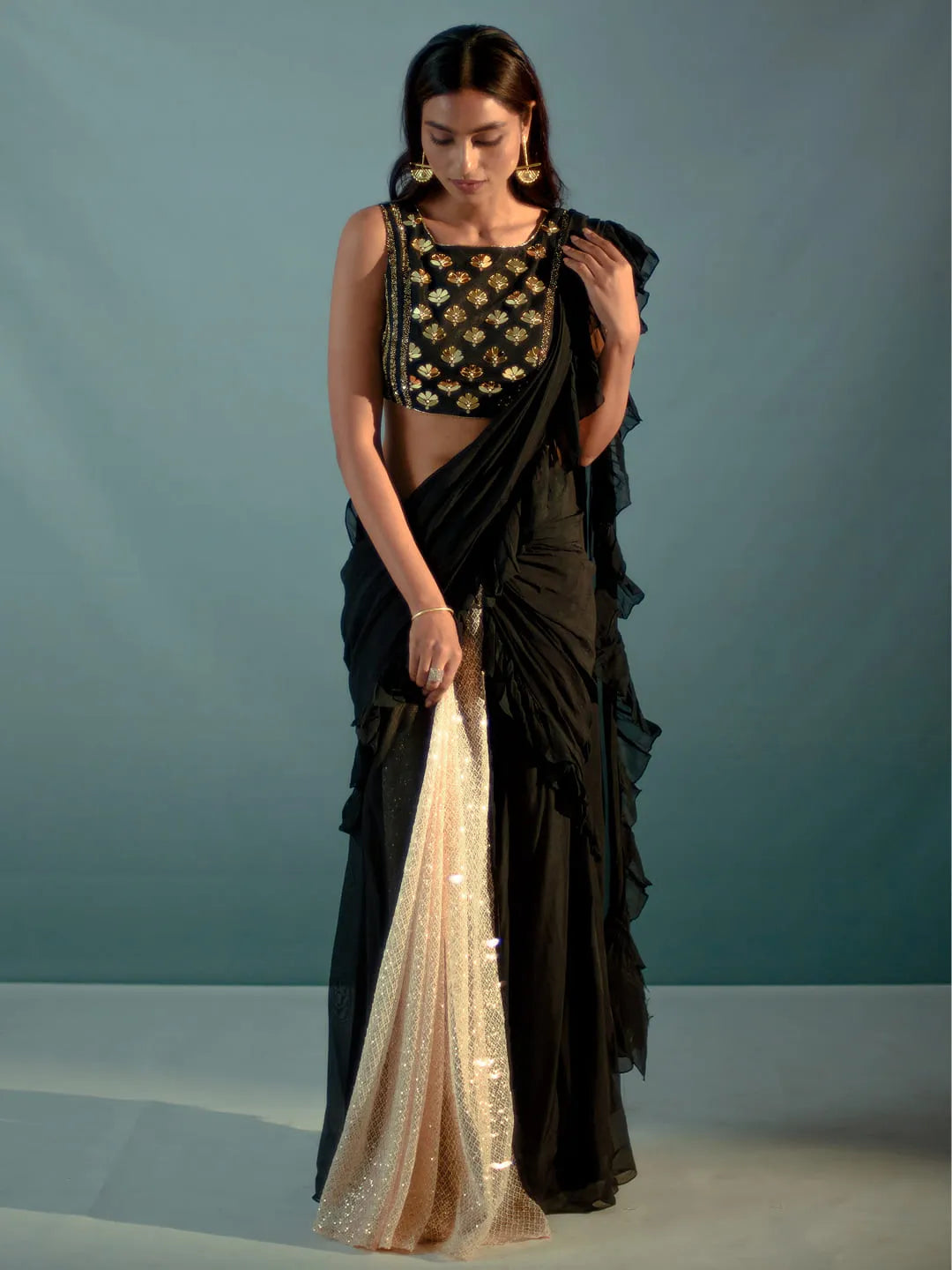 Black ruffle concept saree & embroidered blouse set
