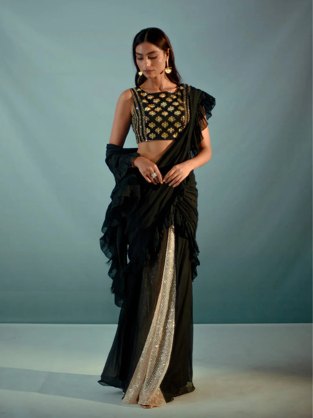 Black ruffle concept saree & embroidered blouse set