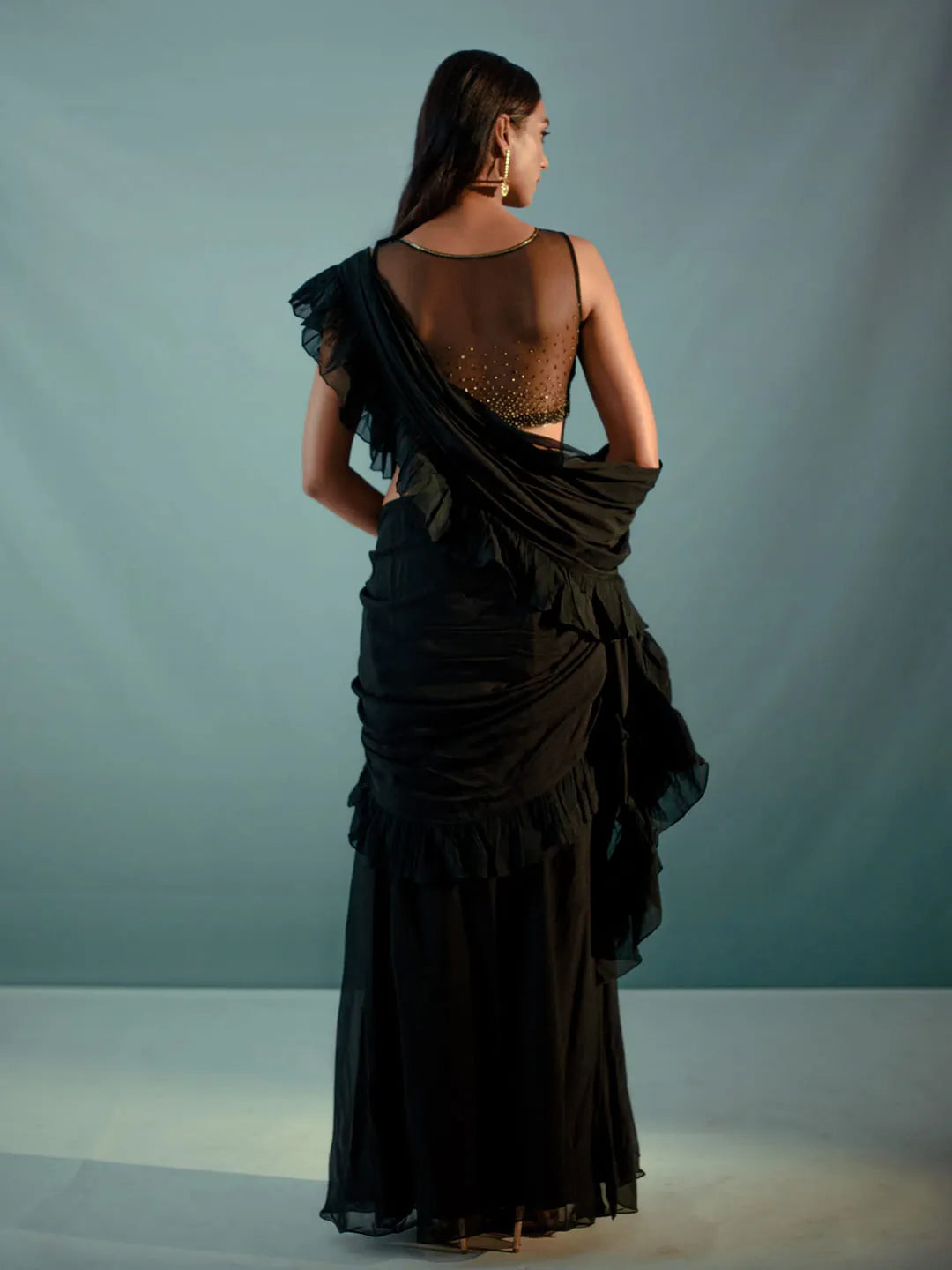 Black ruffle concept saree & embroidered blouse set
