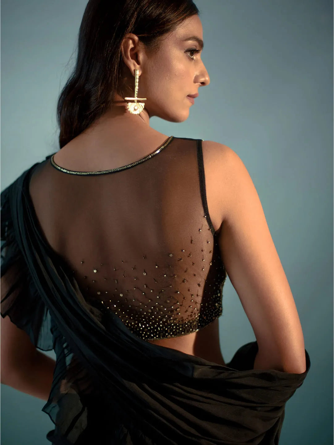 Black ruffle concept saree & embroidered blouse set