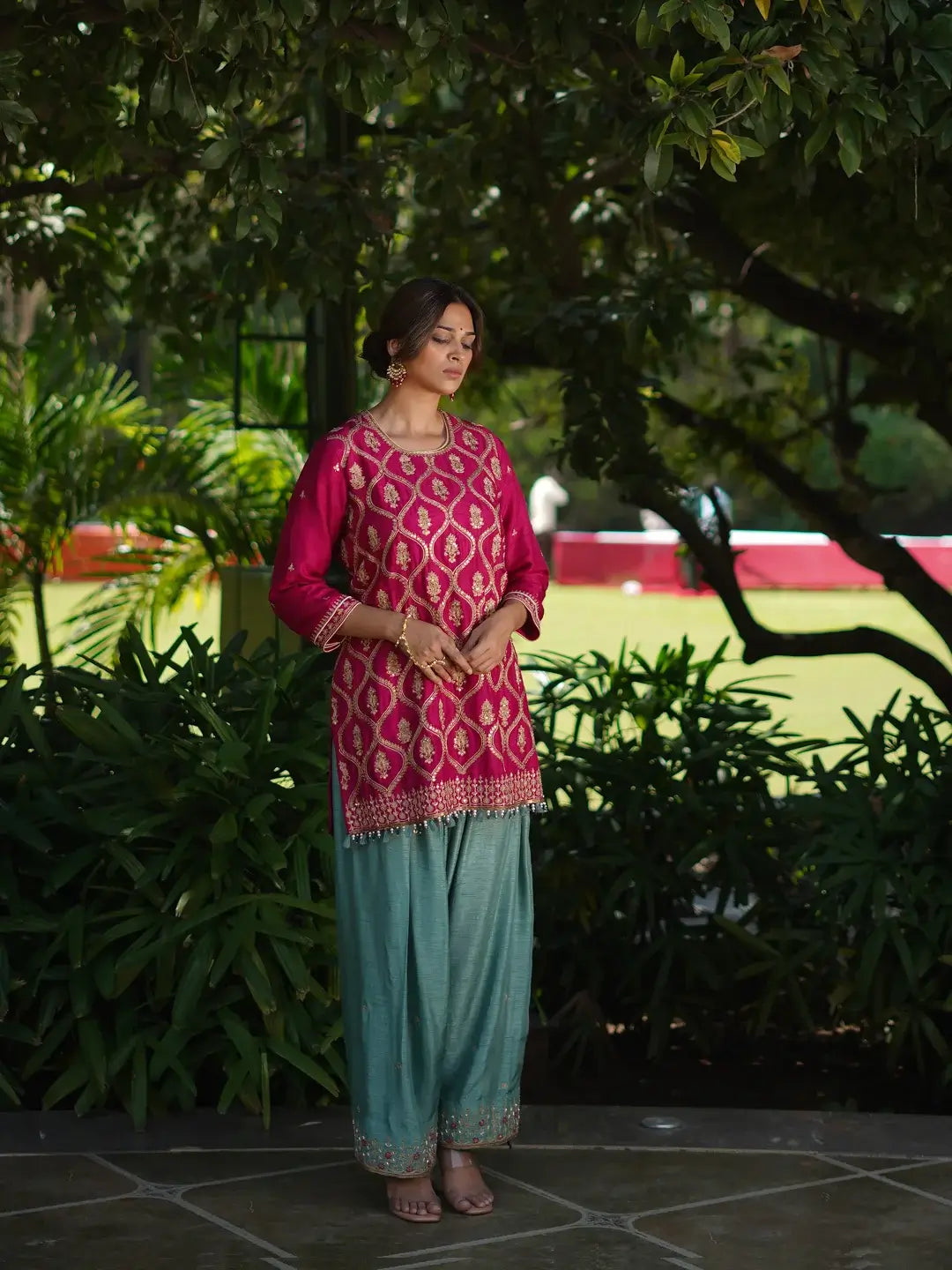 Kurta & Farshi Salwar - Rani Pink & Aqua Blue