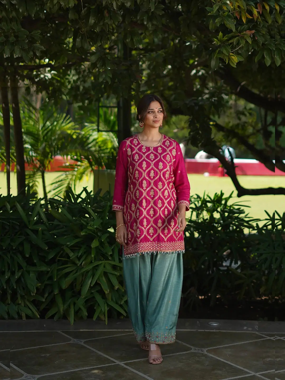 Kurta & Farshi Salwar - Rani Pink & Aqua Blue