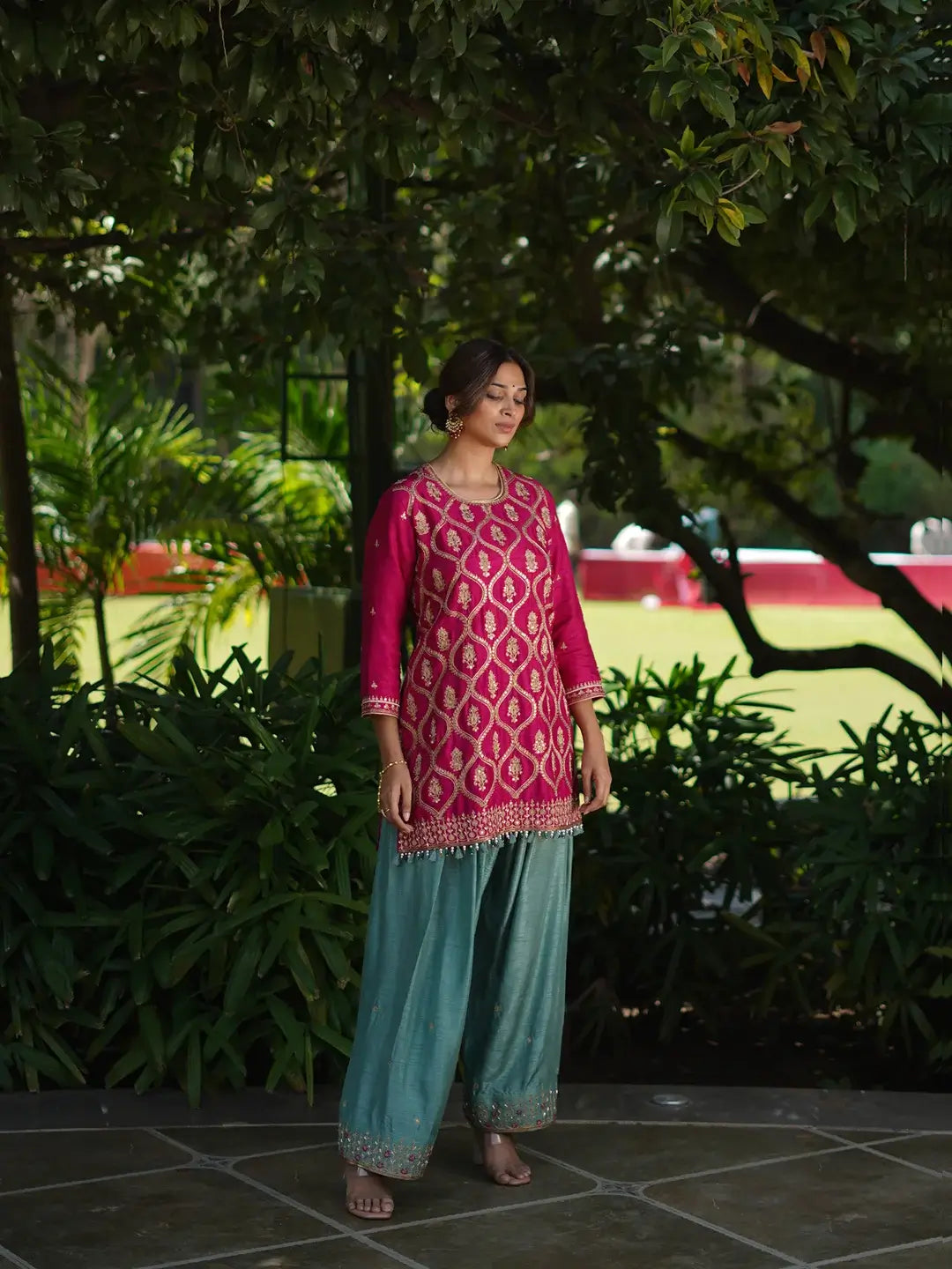 Kurta & Farshi Salwar - Rani Pink & Aqua Blue