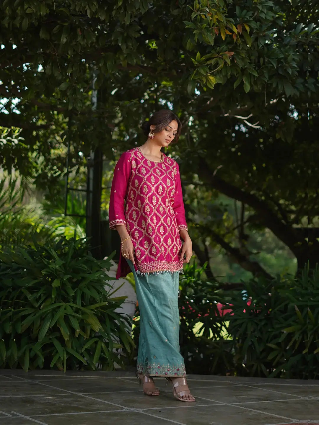 Kurta & Farshi Salwar - Rani Pink & Aqua Blue