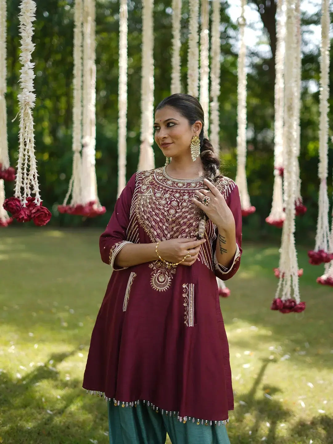 Maroon kurta and Aqua farshi set