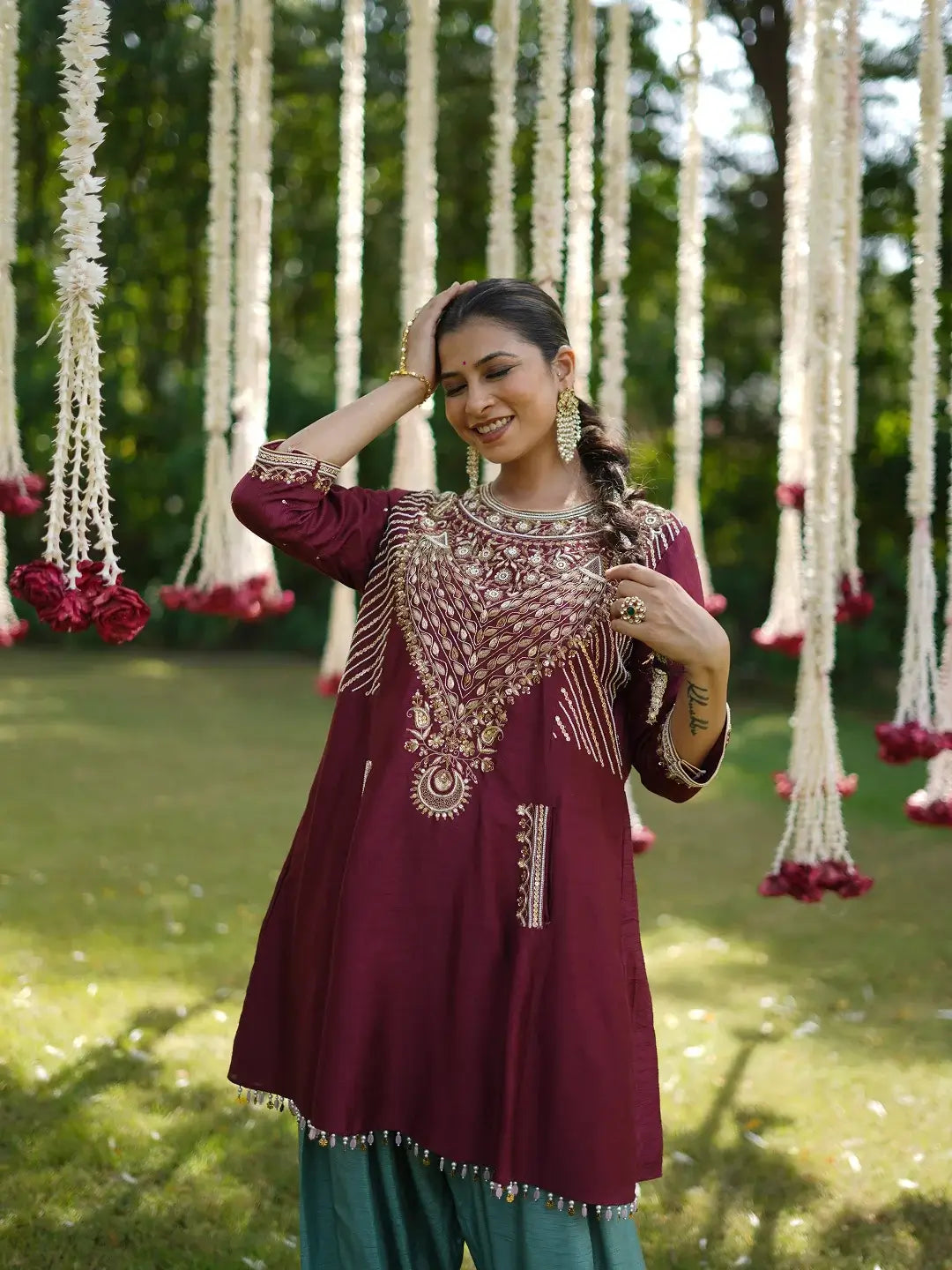 Maroon kurta and Aqua farshi set