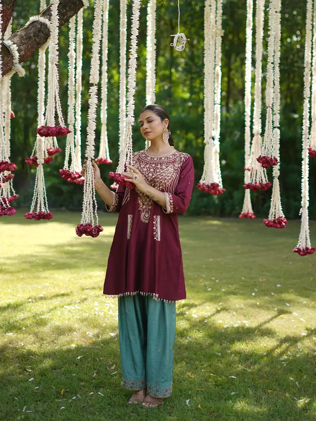 Maroon kurta and Aqua farshi set