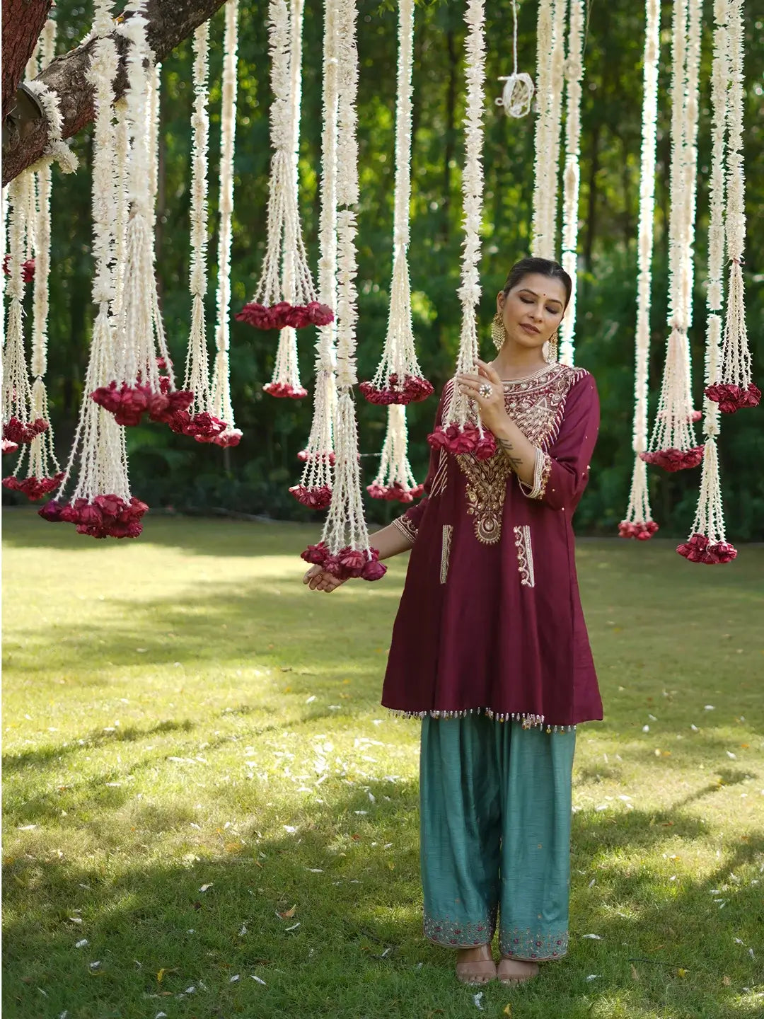 Maroon kurta and Aqua farshi set