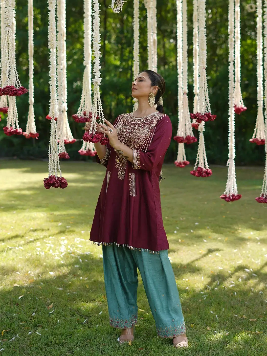 Maroon kurta and Aqua farshi set