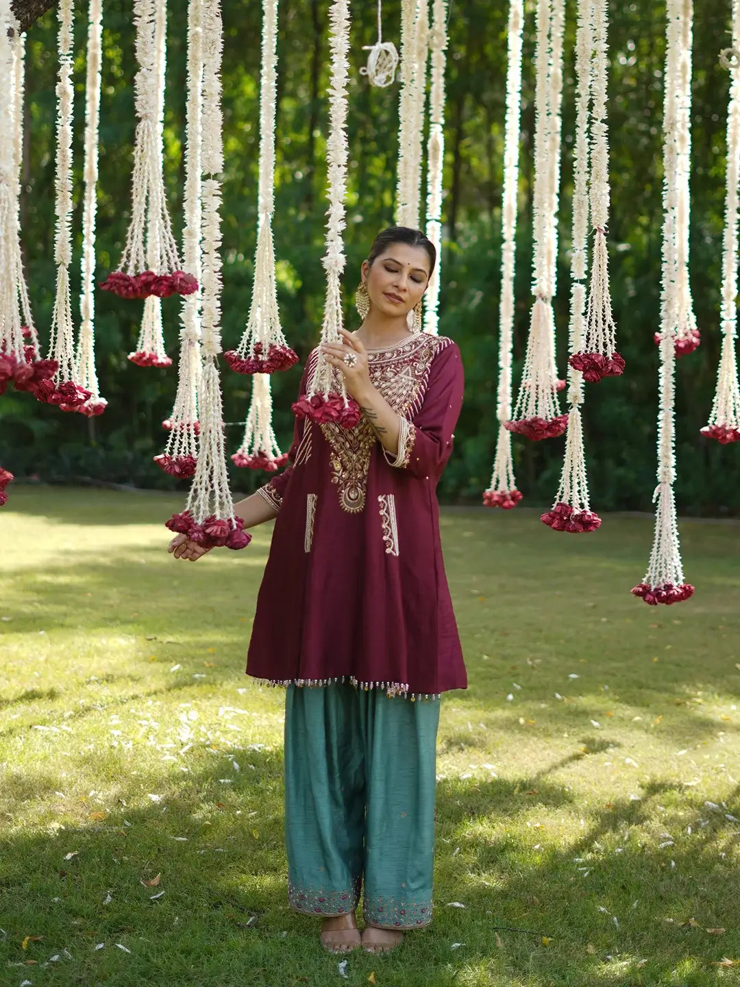 Maroon kurta and Aqua farshi set