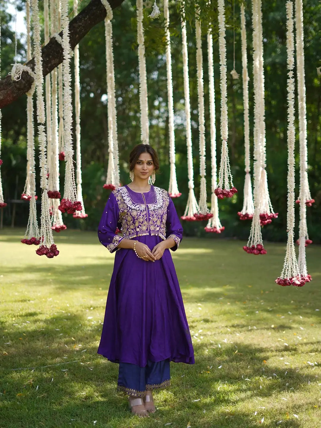 Purple hand embroidered kurta set