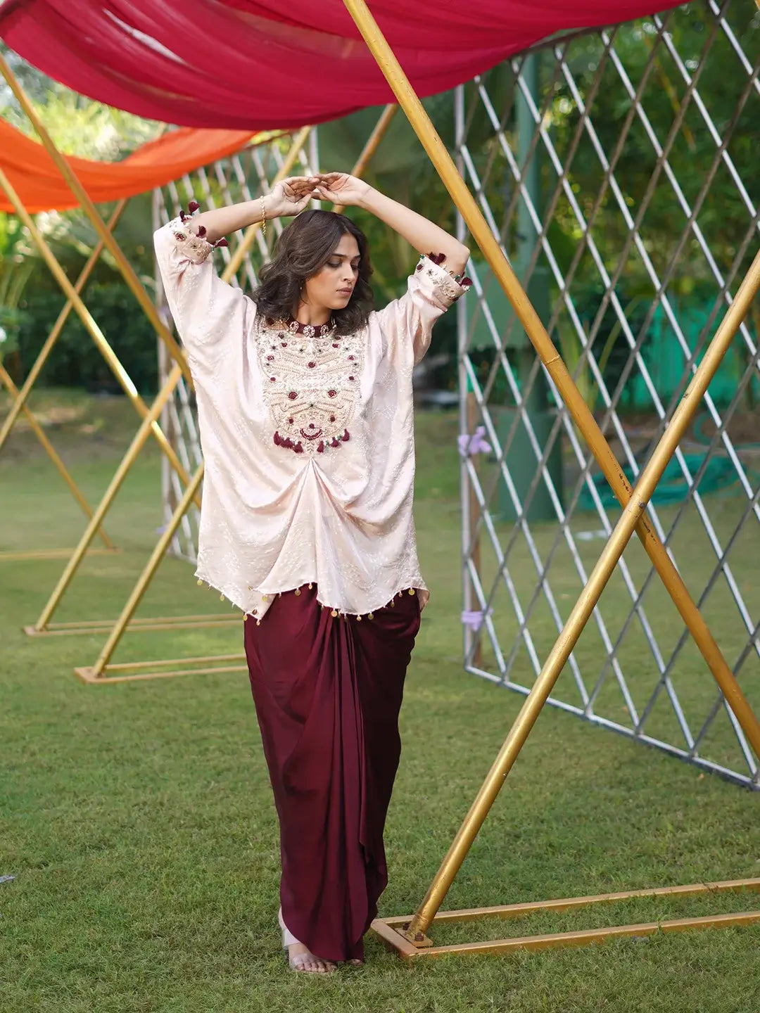 light pink and Burgandy Drape set