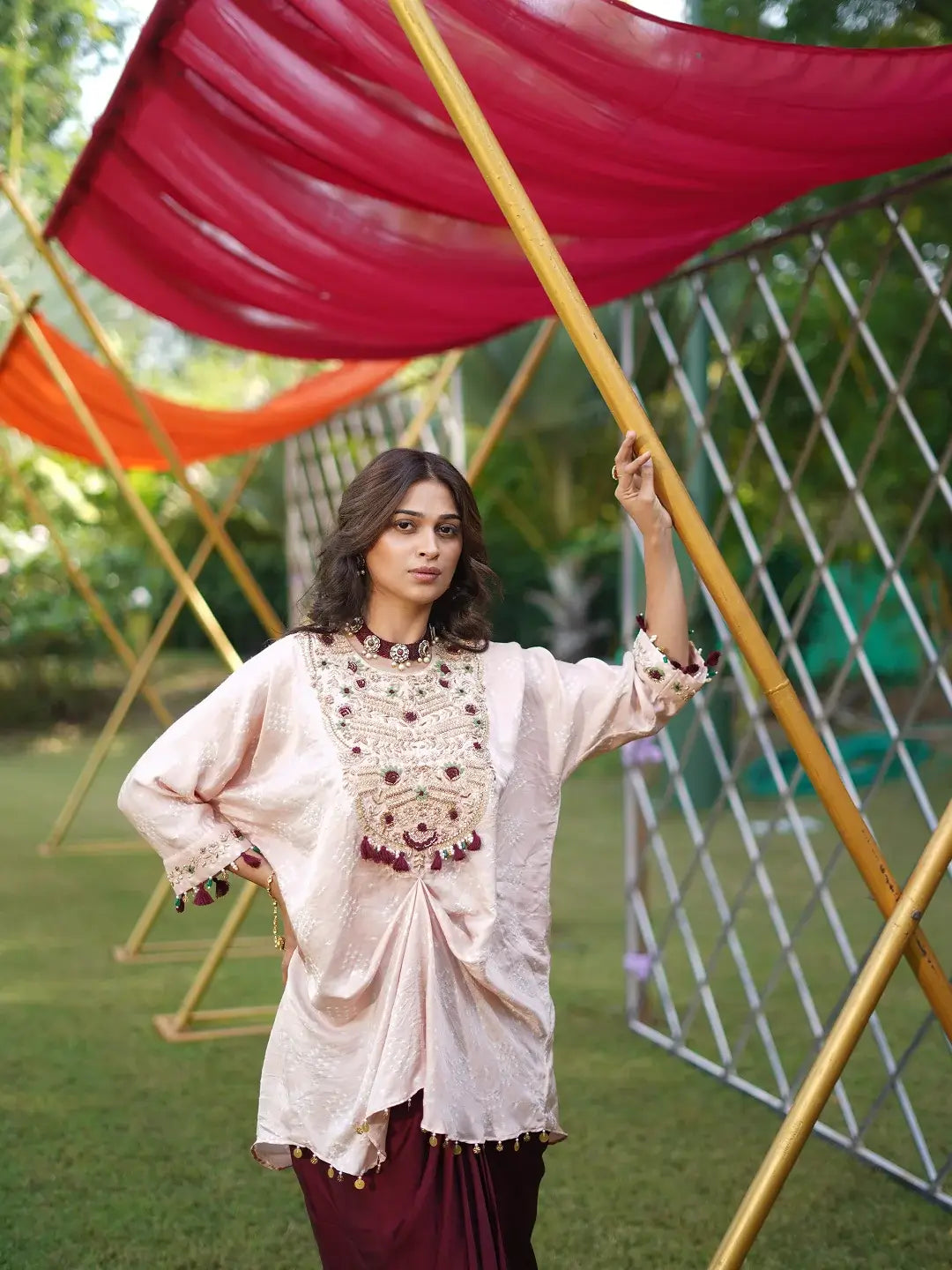 light pink and Burgandy Drape set