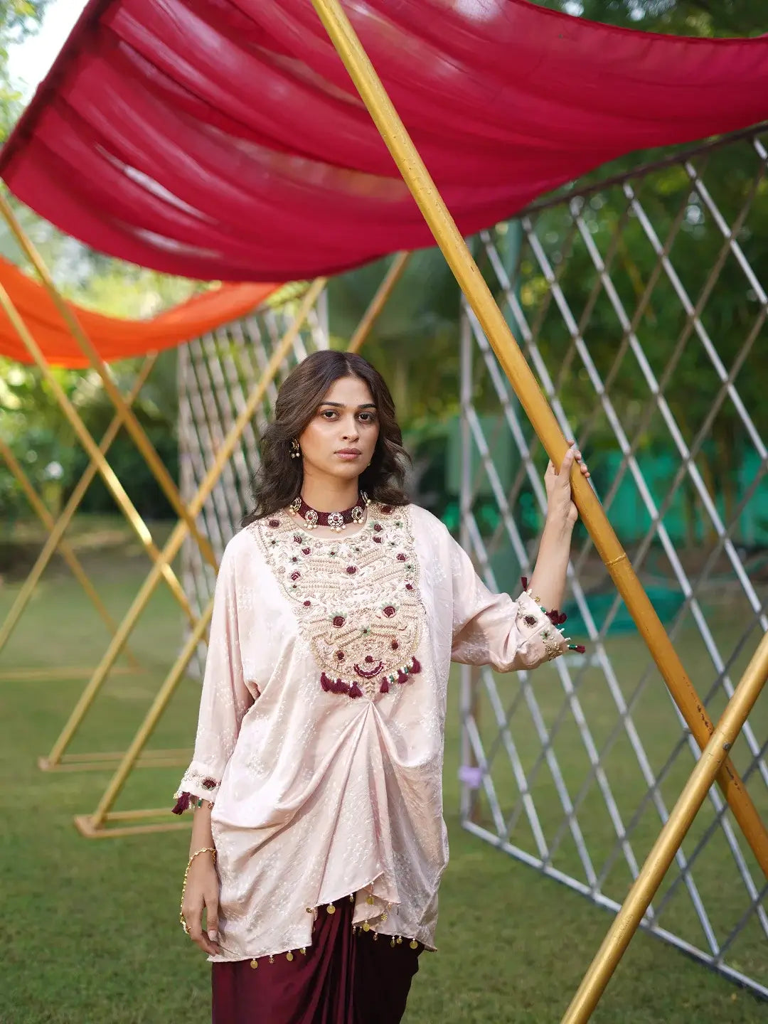 light pink and Burgandy Drape set