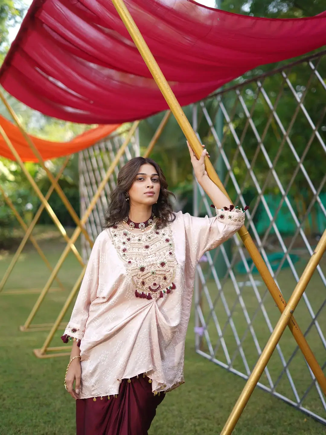 light pink and Burgandy Drape set