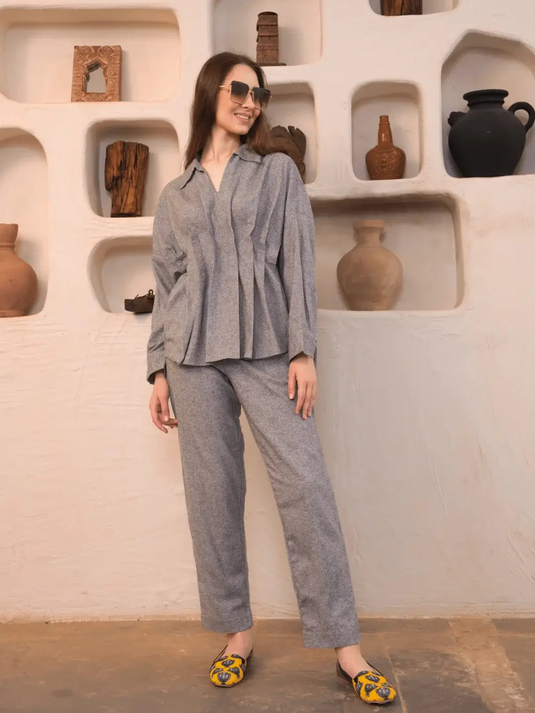 Vela Flannel Oversized Pleated Shirt & Pants Set