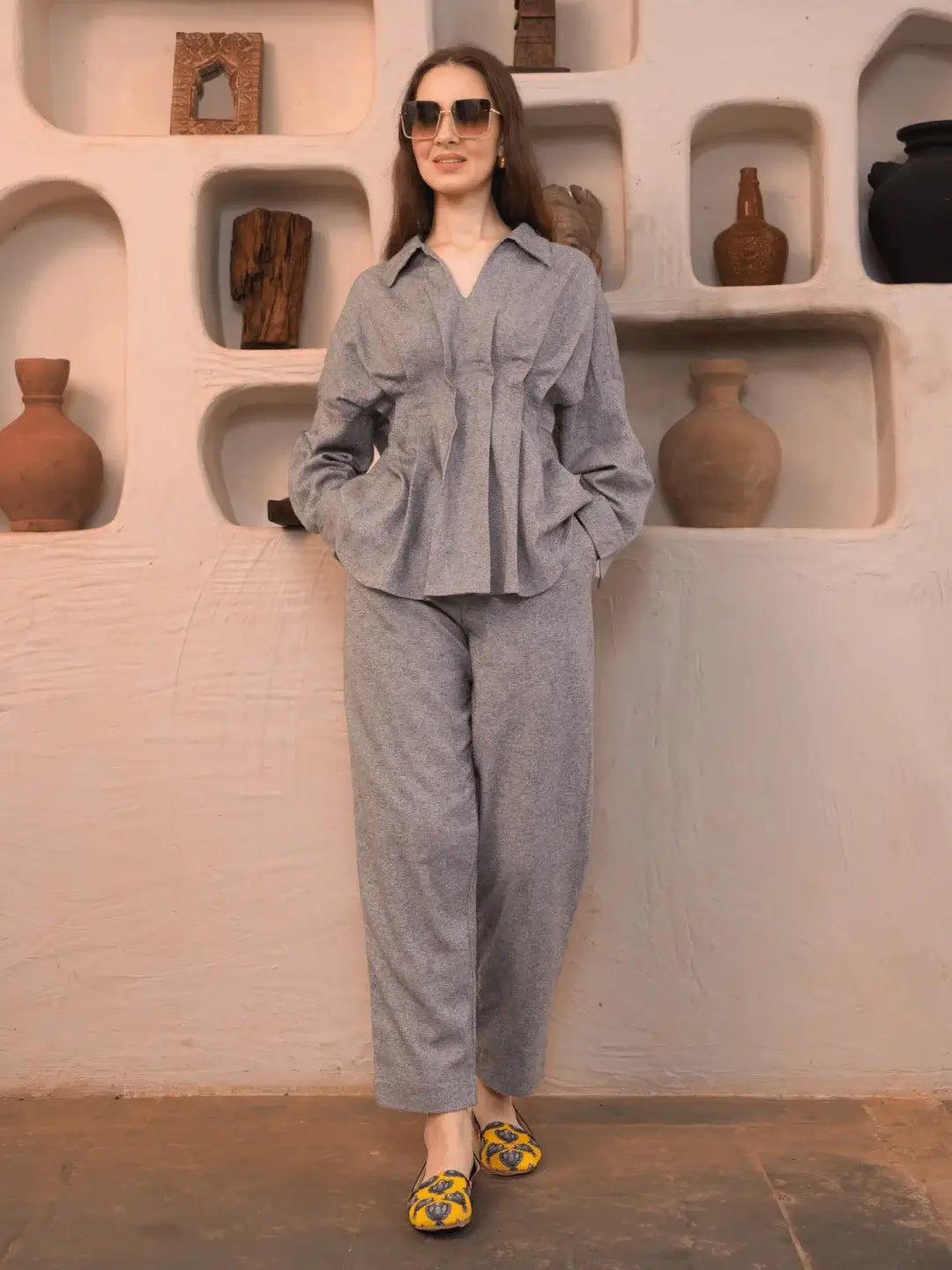 Vela Flannel Oversized Pleated Shirt & Pants Set
