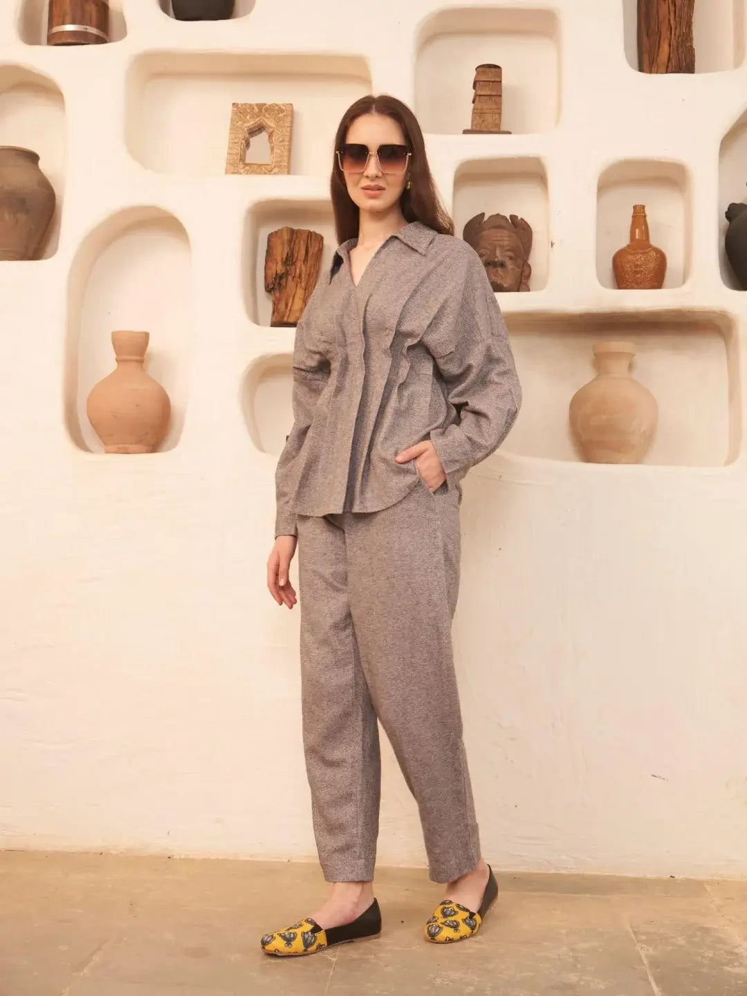 Vela Flannel Oversized Pleated Shirt & Pants Set