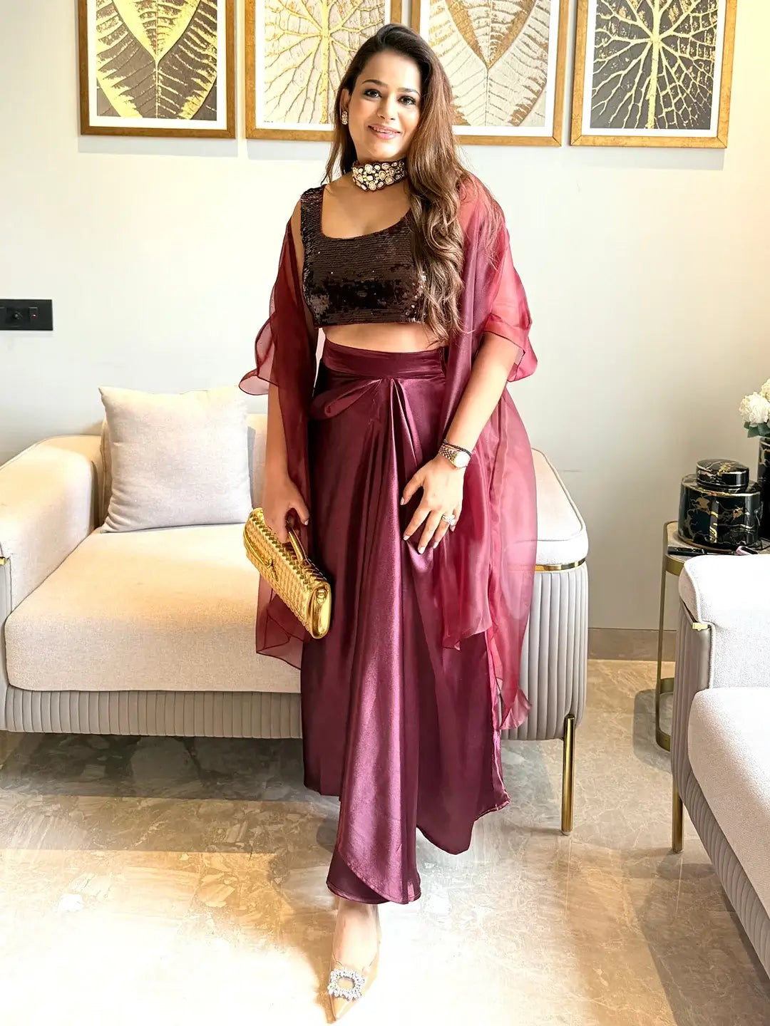 Sequin and sheers draped skirt set