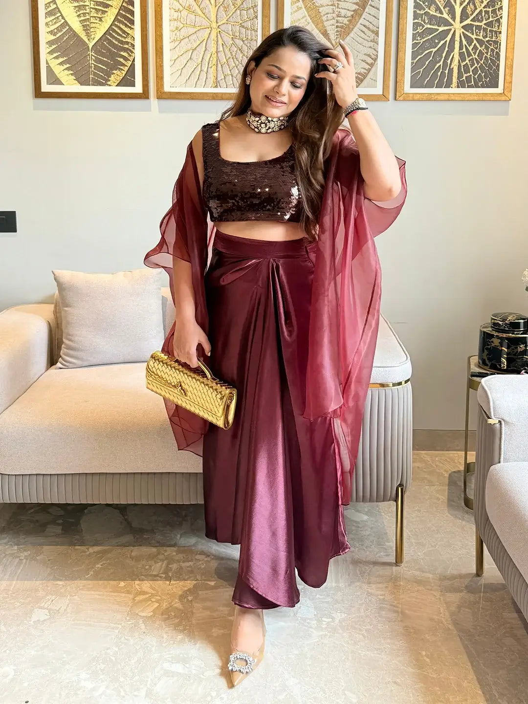 Sequin and sheers draped skirt set