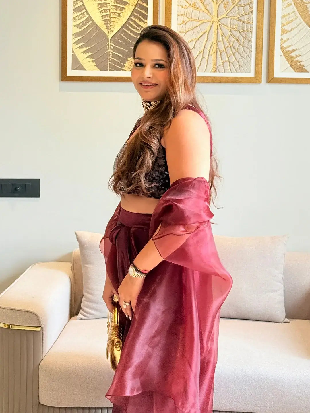 Sequin and sheers draped skirt set