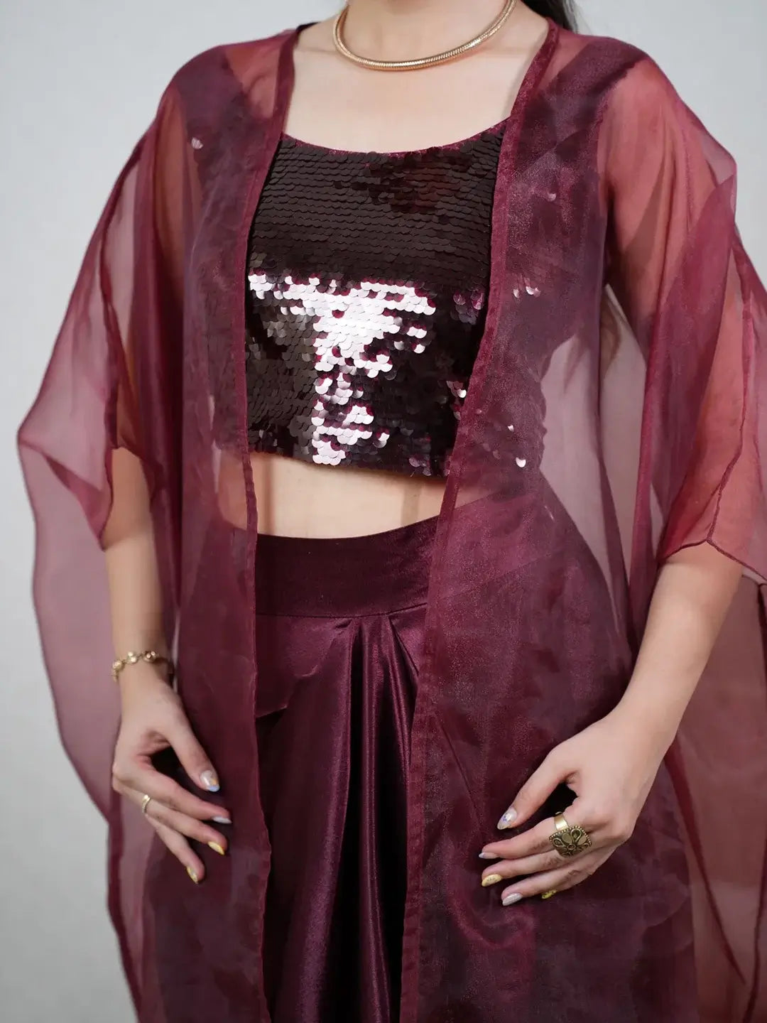 Sequin and sheers draped skirt set