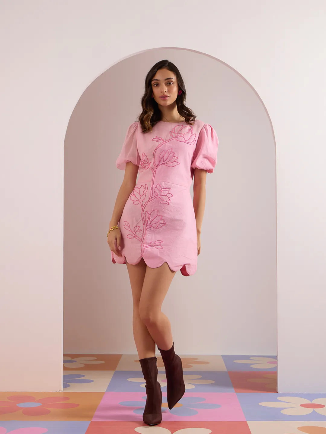 coral pink scallop dress