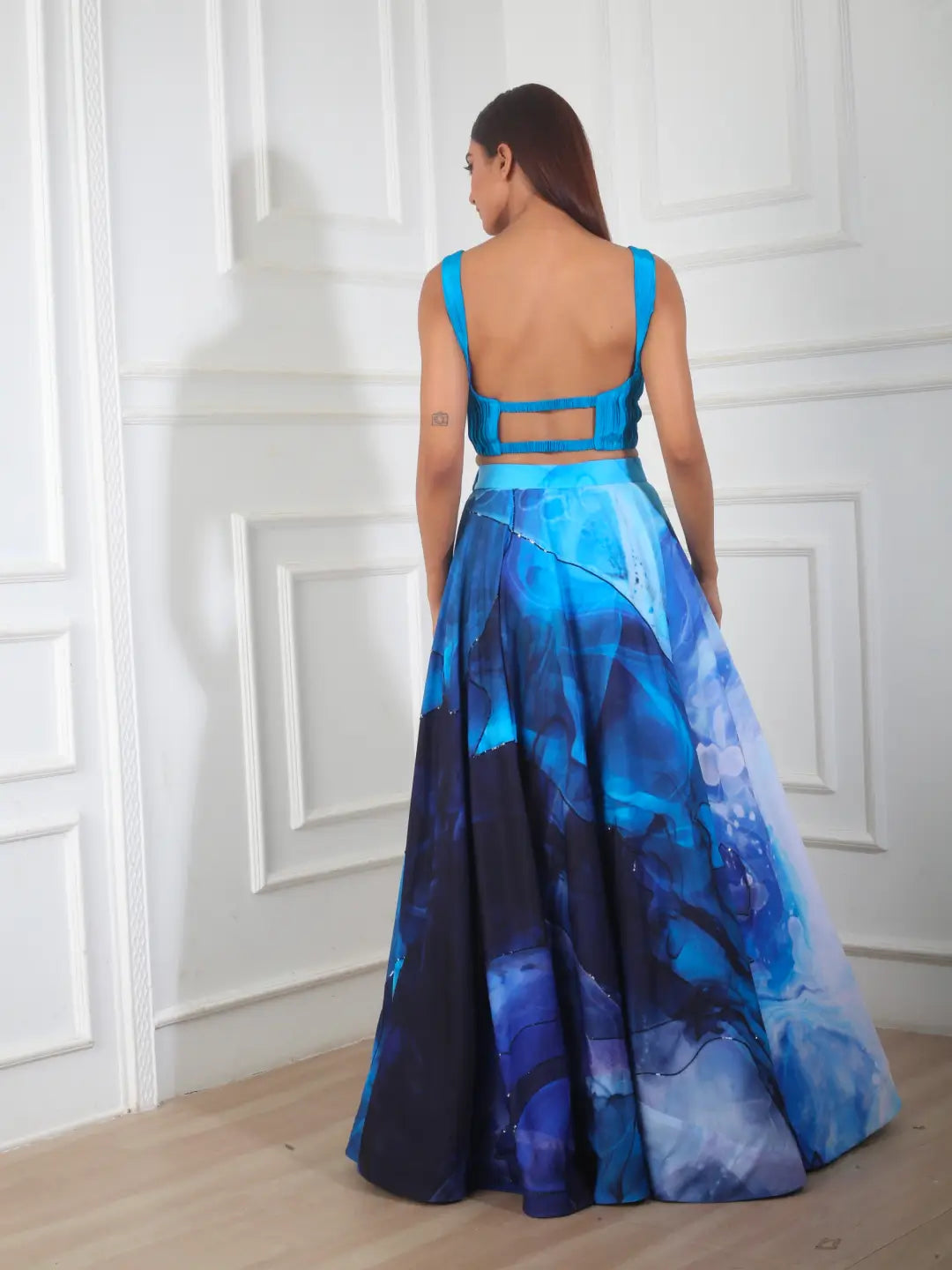 Teal Blue with Printed Skirt Set