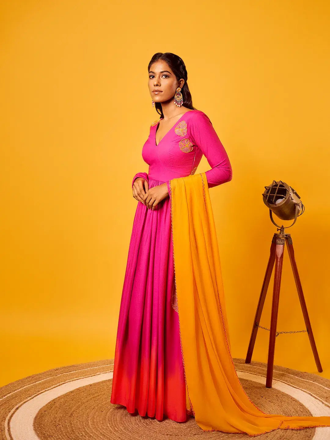 Pink-Orange Ombre Flower Anarkali Set