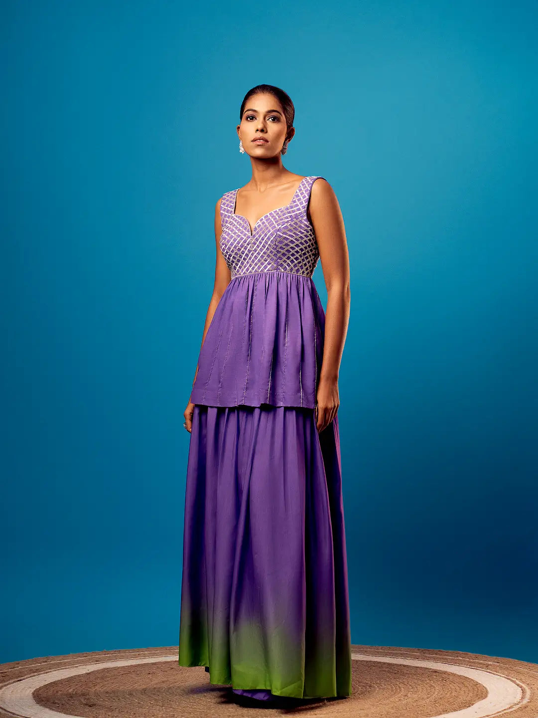 Purple-Green Ombre Criss-Cross Peplum Set
