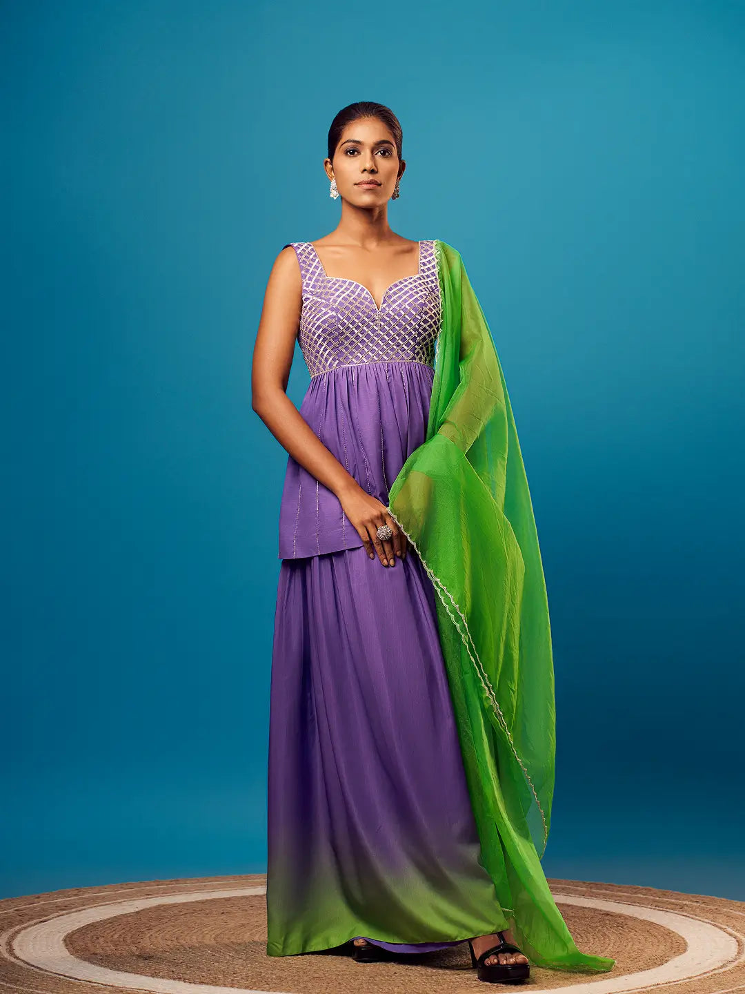 Purple-Green Ombre Criss-Cross Peplum Set