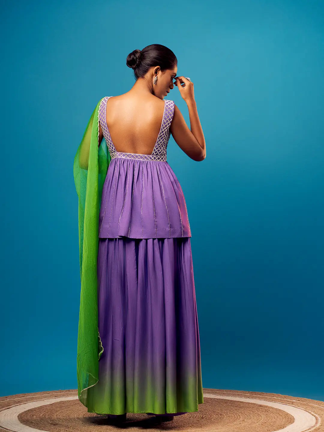 Purple-Green Ombre Criss-Cross Peplum Set