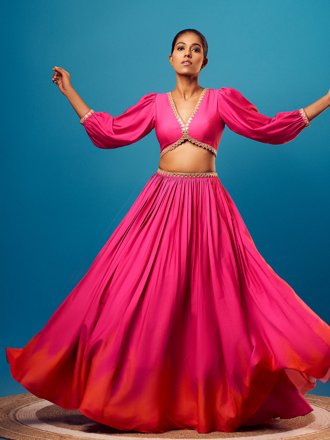 Pink-Orange Ombre Balloon Sleeve Skirt Set