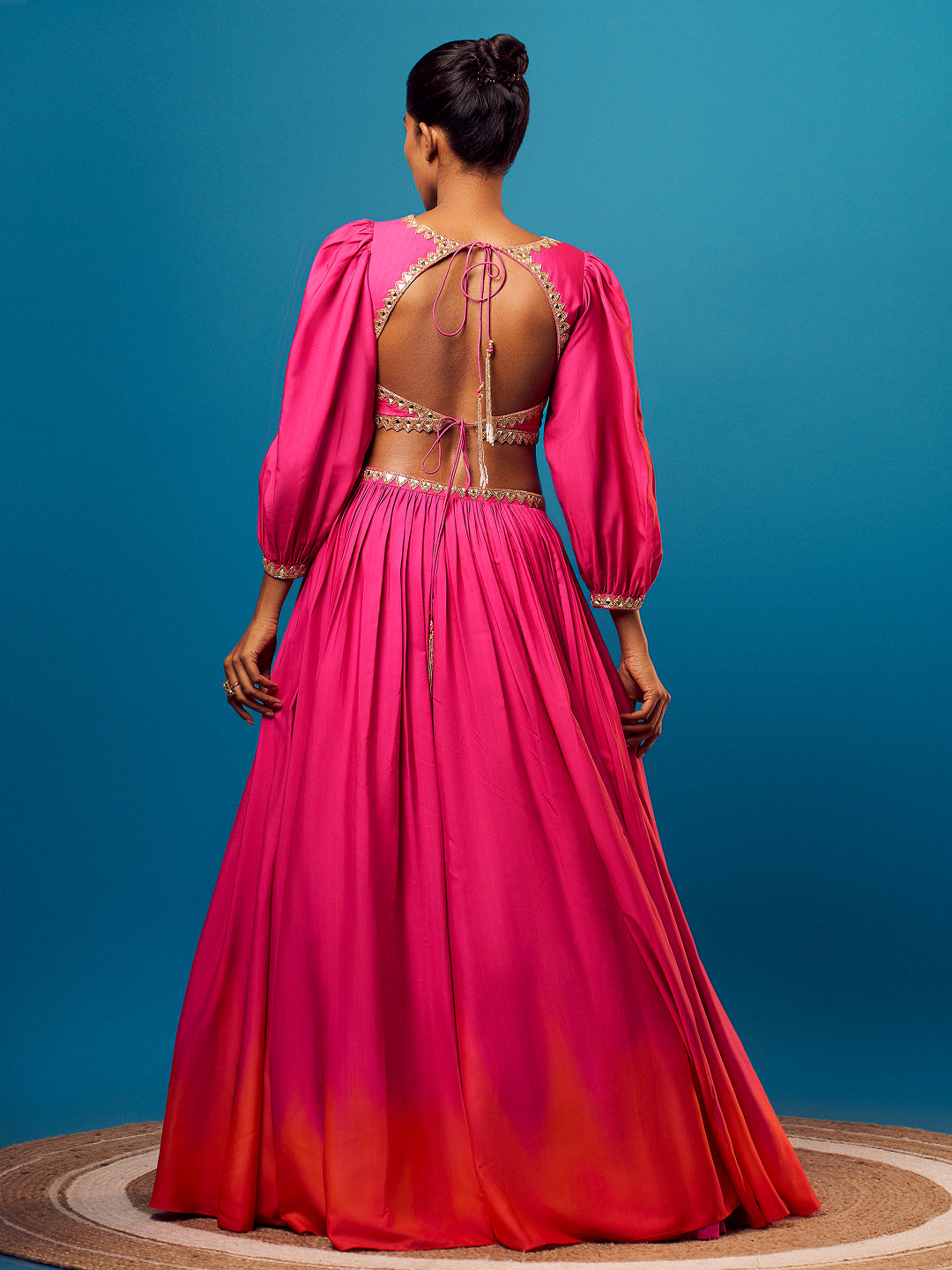 Pink-Orange Ombre Balloon Sleeve Skirt Set