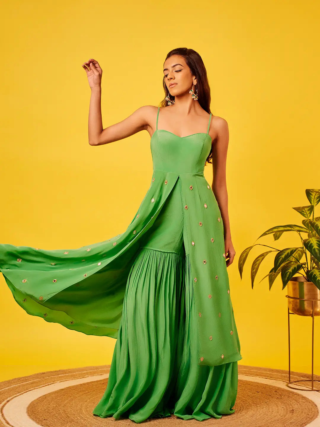 Light Green Mirror-work Long Top Sharara Set