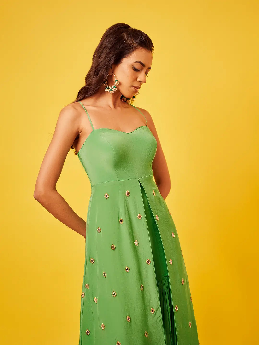 Light Green Mirror-work Long Top Sharara Set