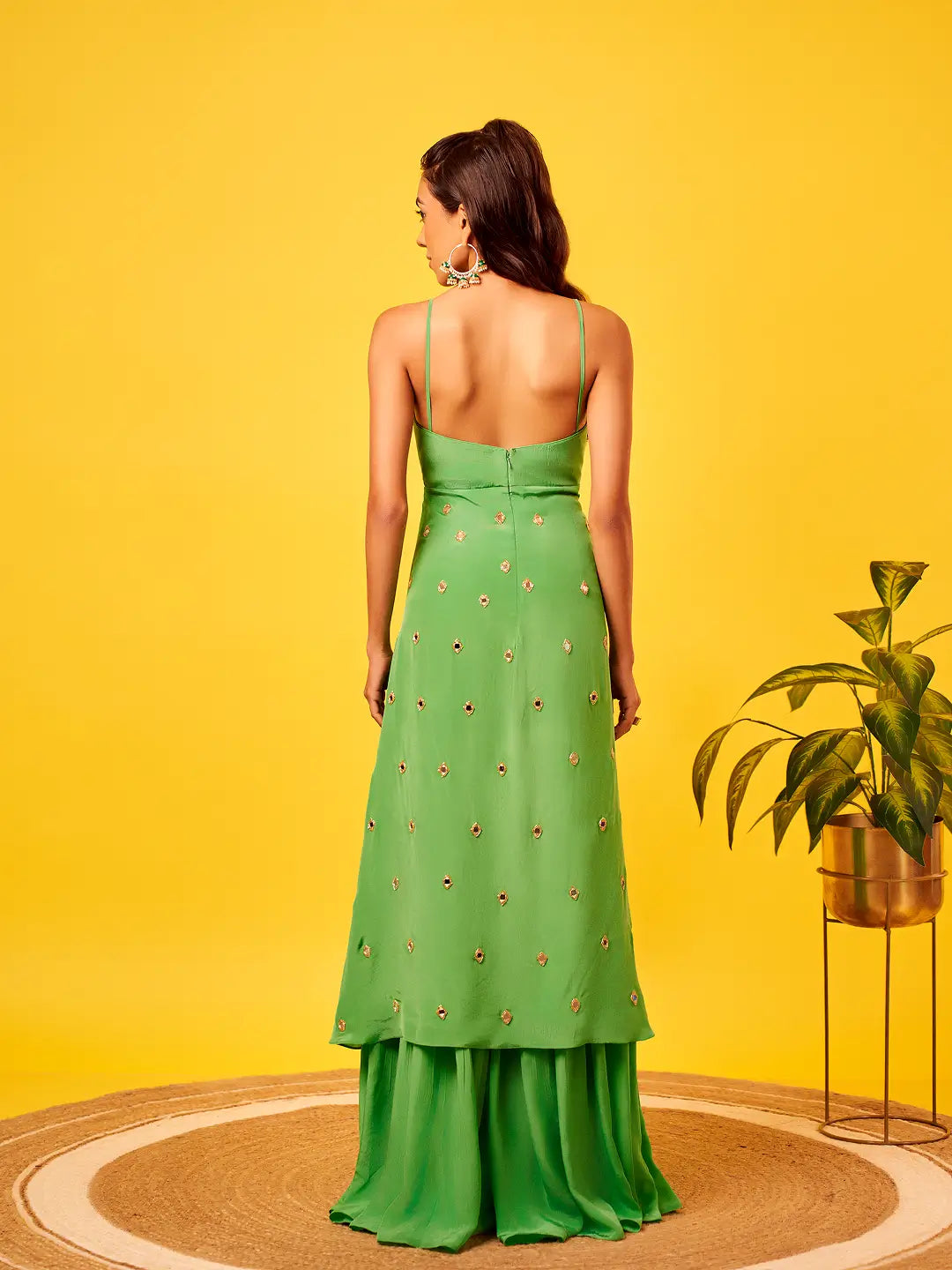 Light Green Mirror-work Long Top Sharara Set