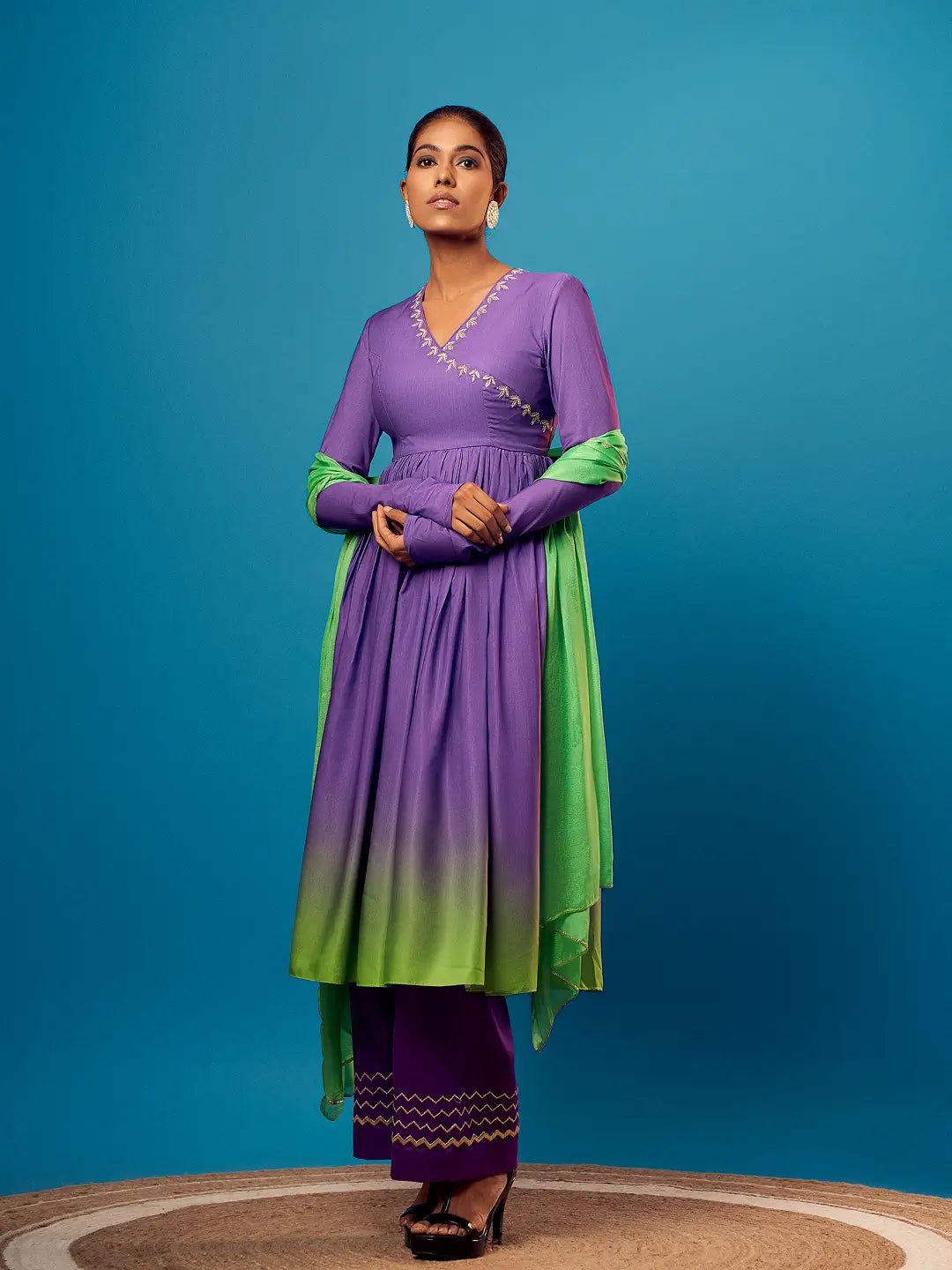 Purple-Green Ombre Angrakha Anarkali Set