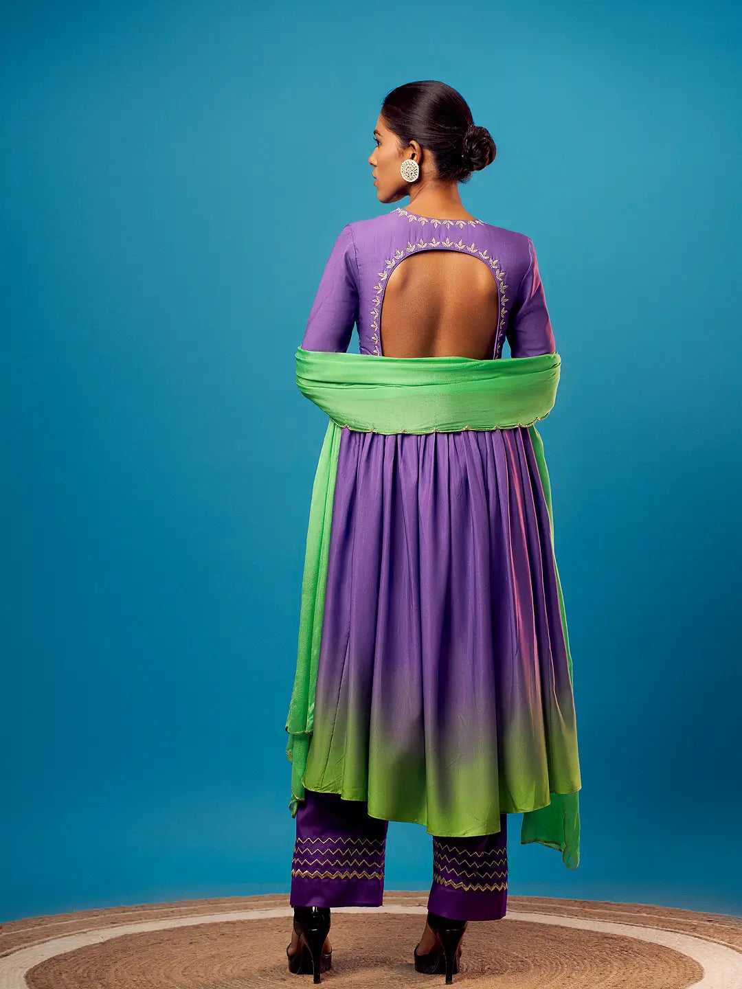 Purple-Green Ombre Angrakha Anarkali Set